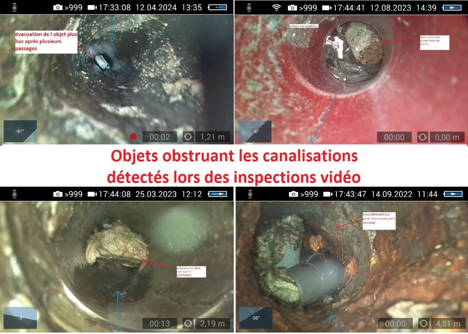 Objets obstruant les canalisations détectés lors des inspections vidéo